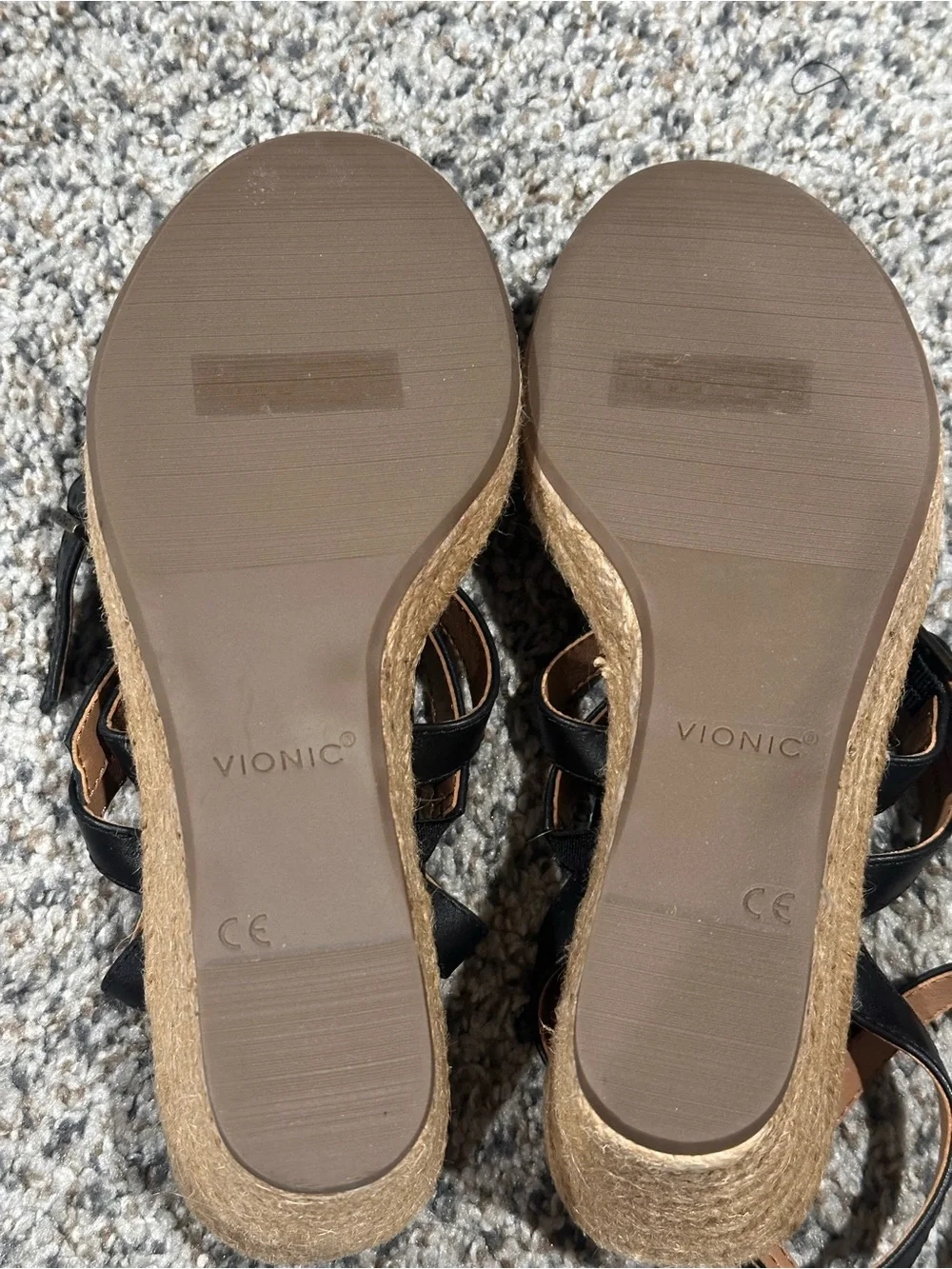 Vionic Black Leather Strappy Espadrille Wedge Sandals